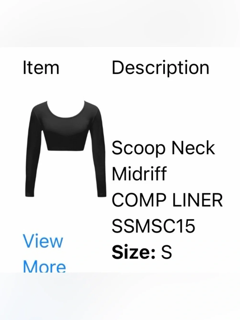 Varsity Black Long-Sleeve Cropped Athletic Top. Scoop neck liner. SSMSC15